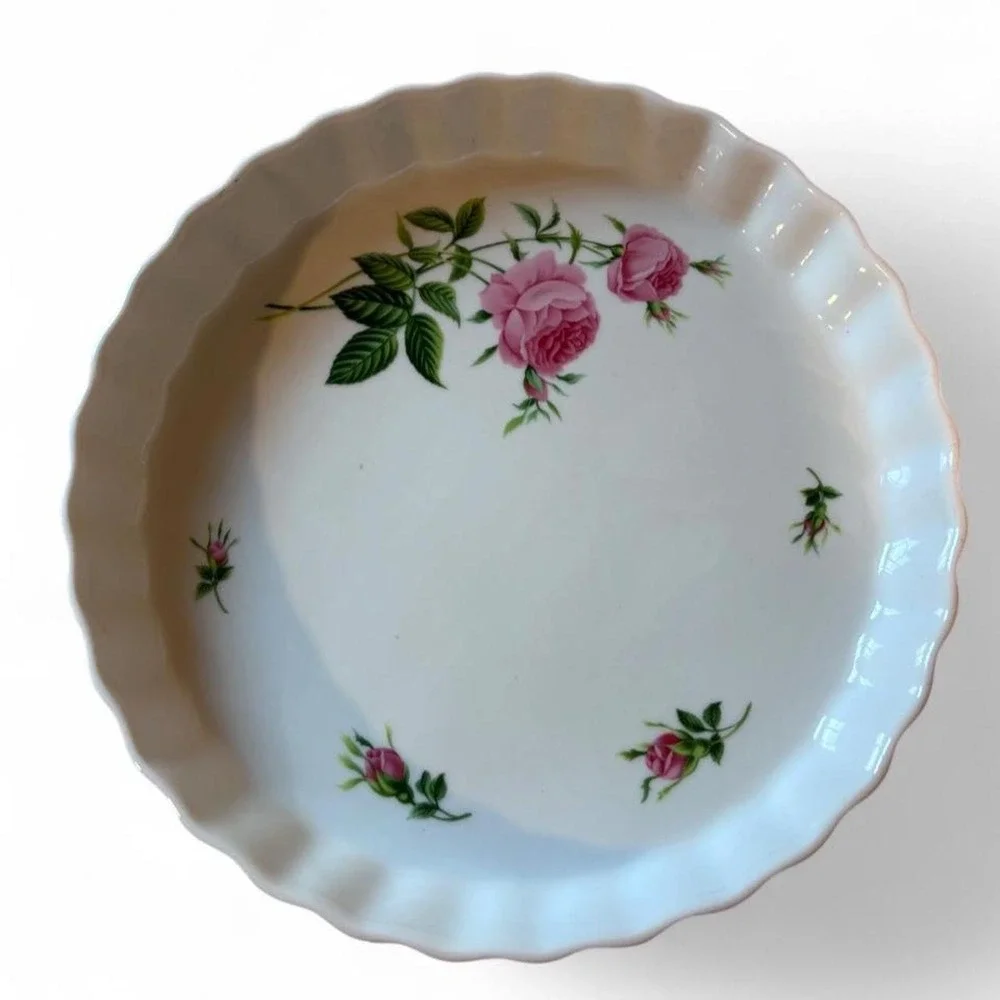Vintage Christineholm Rose Quiche Pan Tart Dish Porcelain Fluted 9.5